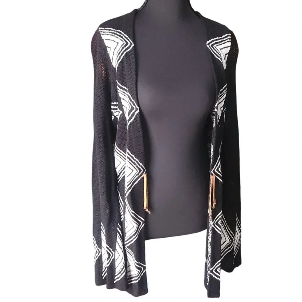 NIC + ZOE Geometric Diamond Knit Open Front Cardigan Sweater Black White Medium
